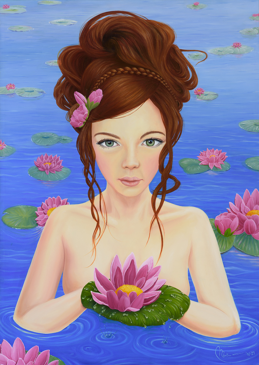 Volledig schilderij van Lady Lily in het water met een roze waterlelie